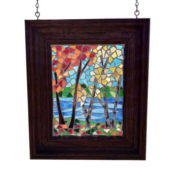 Autumn Maple and Birch Trees by River Stained Glass Mosaic Panel, Fall leaves Landscape Art for Hanging in Window
