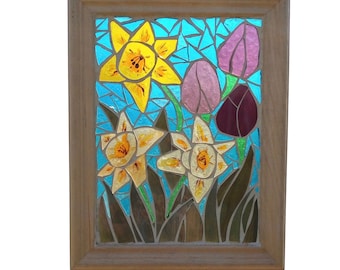 Spring Flower Blossoms Stained Glass Mosaic Panel for Window, Pastel Tulip and Daffodil Bulbs