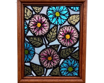 Blue and Pink Daisy Flower Garden Stained Glass Mosaic Panel for Hanging in Window,  Church Style Hand-Painted Artwork