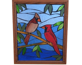 Stained Glass Male and Female Cardinal Birds Mosaic Panel for Hanging in Window, Great Gift for Birdwatcher or to Remember Loved One