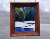 Winter Northern Lights Stained Glass Mosaic Panel for Hanging in Window, Aurora Borealis Wintertime Night Scene