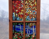 Autumn Woods Stained Glass Mosaic Panel for Window, Colorful Fall Leaves with Maple and Birch Trees by River