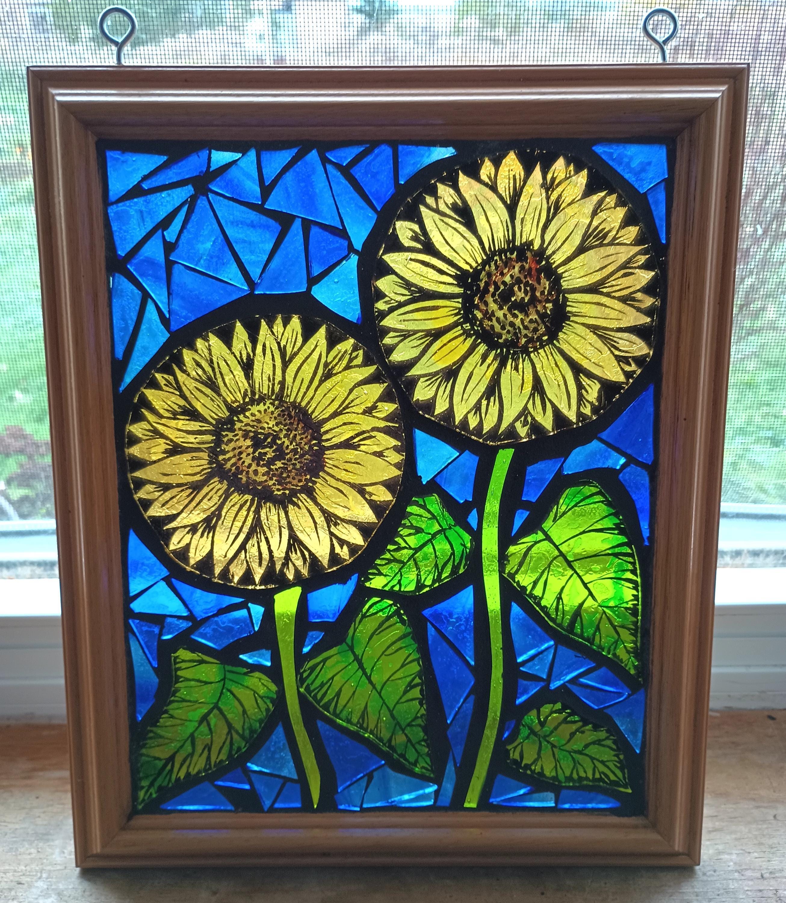 Hand Painted Sunflower Stained Glass Panel: Mosaic Window Art