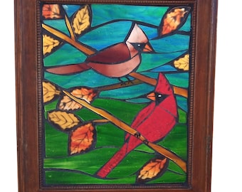 Stained Glass Cardinal Birds in Fall Mosaic Panel for Hanging in Window, Male and Female Red Bird Pair in Tree, Great Gift for Birdwatcher