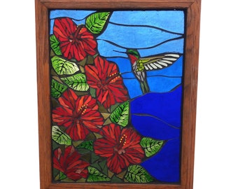 Hummingbird Stained Glass Mosaic Panel for Hanging in Window, Ruby Throated Humming Bird with Red Hibiscus Flowers, Artwork for Gardener