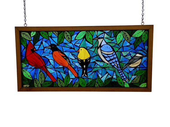 Birds on a Wire Stained Glass Mosaic Panel for Hanging in Window, Narrow Transom Style, Cardinal Blue Jay Oriole Goldfinch Chickadee