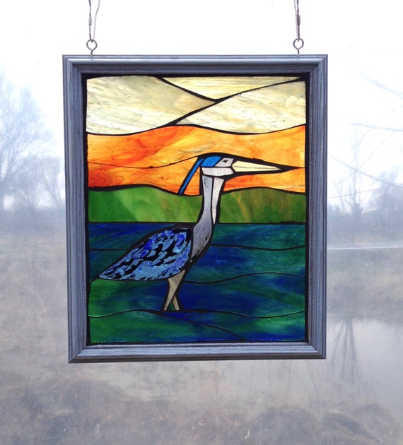 Blue Heron Stained Glass Mosaic Panel For Hanging In Window Etsy
