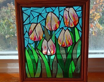 Stained Glass Pink Tulip Mosaic Panel: Vintage Wood Frame