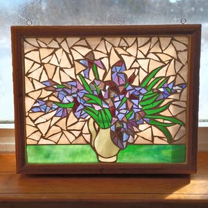 Van Gogh Purple Irises Stained Glass Mosaic Panel: Artwork for Hanging in a Window