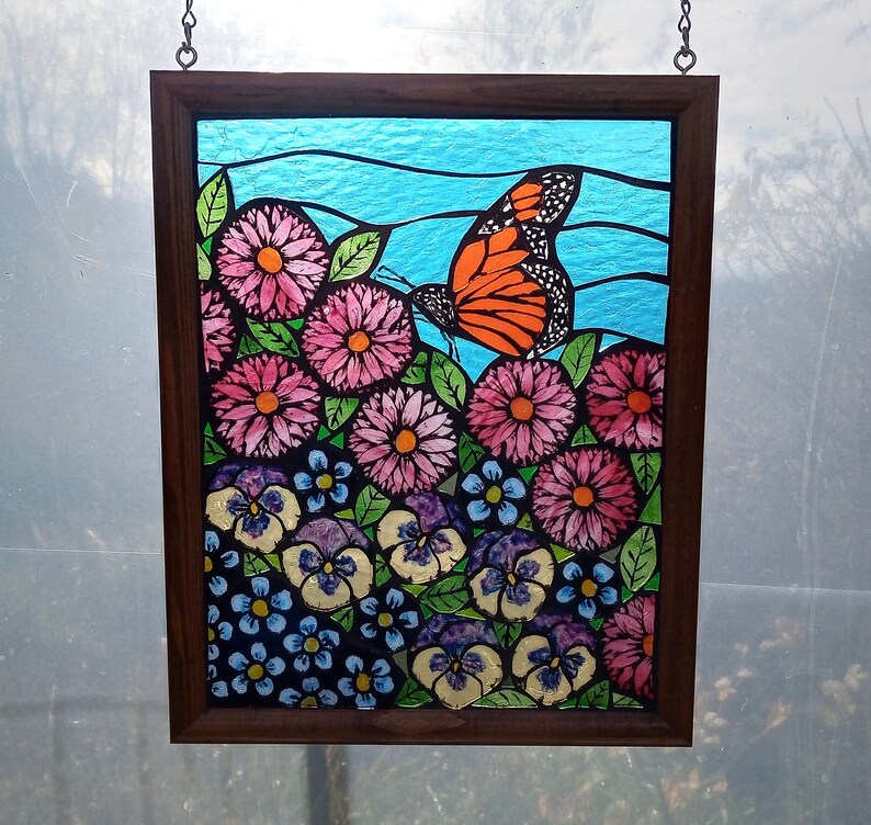 Floral Window Hanging Stained Glass Mosaic Panel of Monarch Butterfly in Colorful Flower Garden with Pansy and Pink Daisy Blossoms
