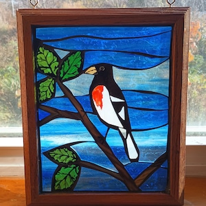Stained Glass Grosbeak Mosaic: Bird Suncatcher in Reclaimed Frame