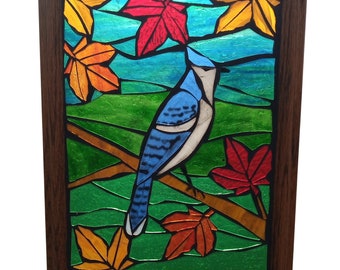 Blue Jay Bird with Fall Maple Leaves Stained Glass Mosaic Panel, Bluejay in an Autumn Tree with Colourful Foliage