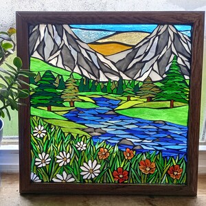 Mountain Meadow Stained Glass Mosaic Panel for Hanging in a Window, Landscape with Evergreens, daisies and orange wildflowers and a stream image 7