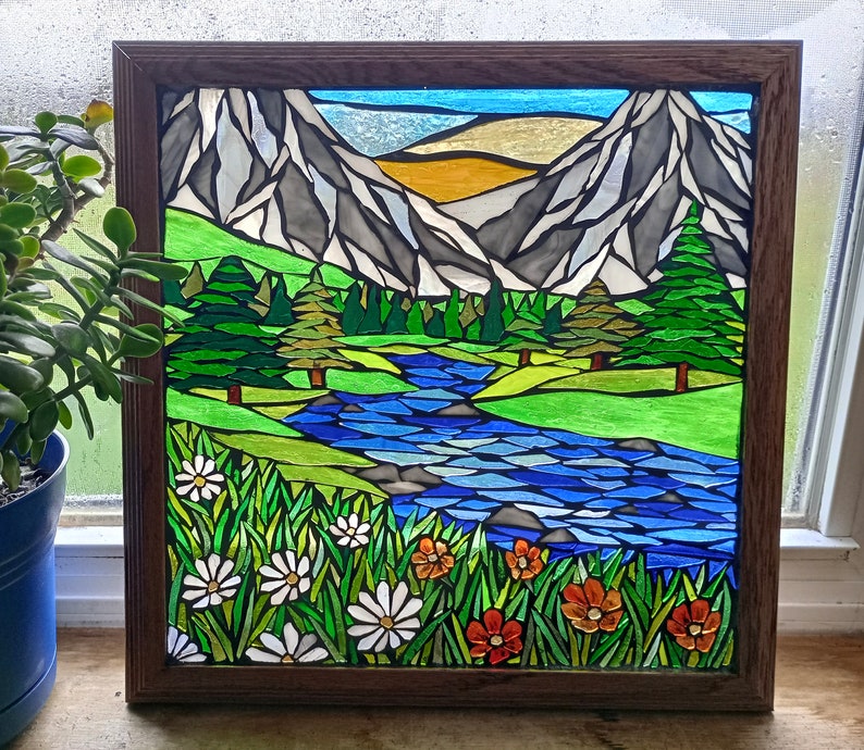 Mountain Meadow Stained Glass Mosaic Panel for Hanging in a Window, Landscape with Evergreens, daisies and orange wildflowers and a stream image 7