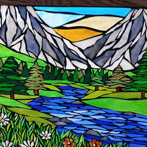 Mountain Meadow Stained Glass Mosaic Panel for Hanging in a Window, Landscape with Evergreens, daisies and orange wildflowers and a stream image 2