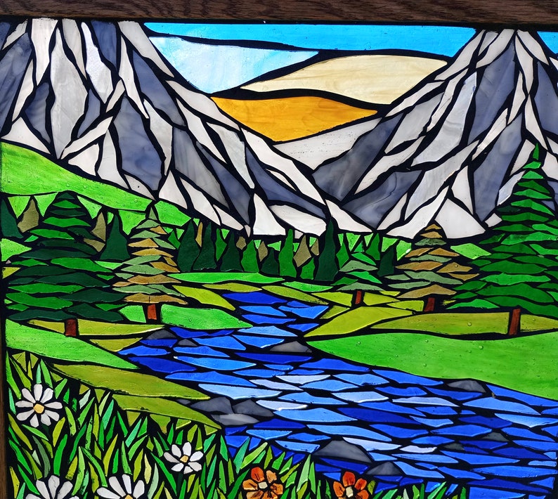 Mountain Meadow Stained Glass Mosaic Panel for Hanging in a Window, Landscape with Evergreens, daisies and orange wildflowers and a stream image 2