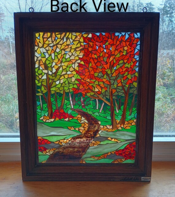 Autumn Forest Path Stained Glass Mosaic: Artwork for Hanging in