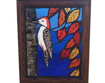 Red Bellied Woodpecker Mosaic Stained Glass Panel for Hanging in a Window, Autumn Foliage Nature Artwork makes a Great Gift for Birdwatcher