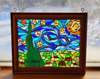 Van Gogh Starry Night Stained Glass Mosaic Panel: Artwork for Hanging in a Window, 11 5/8" x 9 5/8"