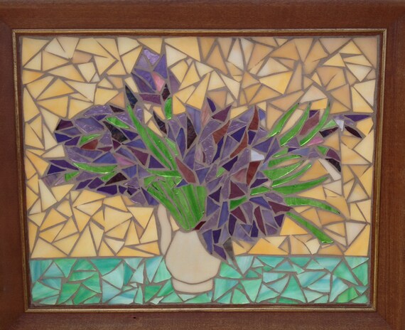 Van Gogh Stained Glass Mosaic Panel Purple Irises In Vase Etsy