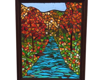 Autumn Forest Rocky Stream Landscape Stained Glass Mosaic Panel for Hanging in a Window, Artwork of Fall Nature Scene with Colourful Foliage