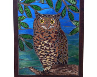 Great Horned Owl in Pines Stained Glass Mosaic Artwork, Bird Panel for Hanging in Window, Bird of Prey Glass Art