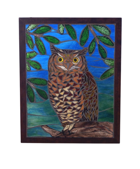 Great Horned Owl in Pines Stained Glass Mosaic Artwork, Bird Panel for Hanging in Window, Bird of Prey Glass Art