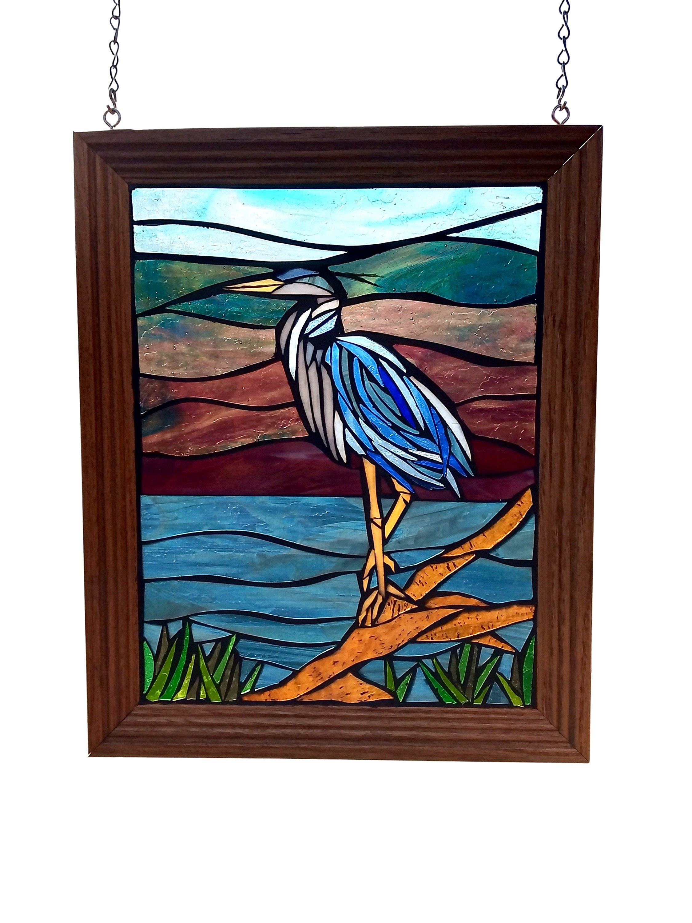 10x14 BLUE HERON Bird Stained Art Glass Suncatcher 10x14 BLUE HERON Bird Stained Art Glass Suncatcher