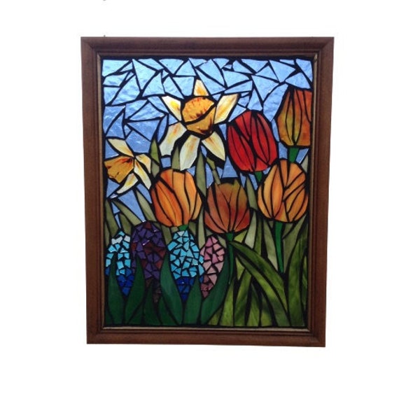 Stained Glass Tulip Flowers Mosaic Panel For Window Pastel Etsy