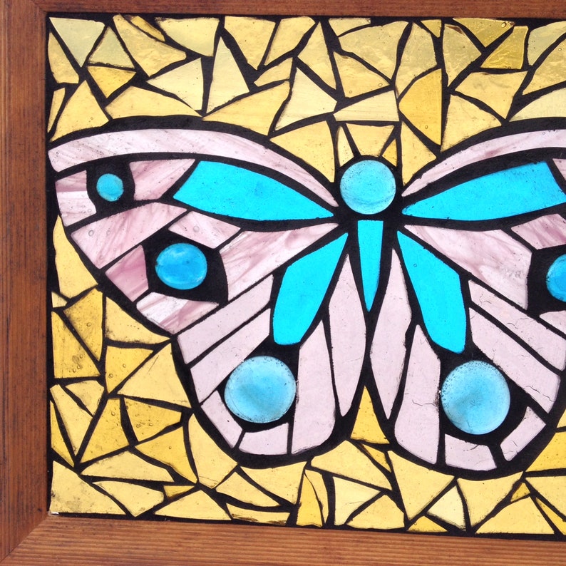 Pastel Insect Artwork Home Decor Turquoise Blue and Pink Stained Glass Butterfly Mosaic Panel for Hanging in Window