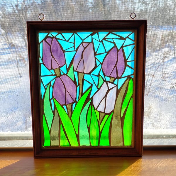 Stained Glass Tulip Suncatcher: Purple Flower Mosaic in Vintage Wood Frame, 9 1/8" x 11 1/4"