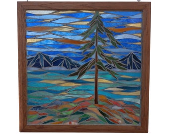 Autumn Woodland Decor Window Hanging, Jack Pine Stained Glass Mosaic Panel, Tom Thomson Style Fall Lake Landscape,  Group of Seven Artwork