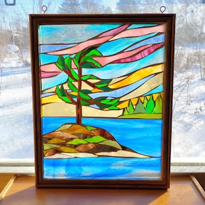 Windswept Pine Tree Stained Glass Mosaic: Artwork for Hanging in Window, 12" x 15"