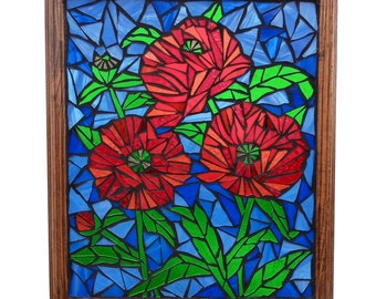 Stained Glass Mosaic Red Poppy Flower Garden Artwork for Hanging in Window, Floral Botanical Art with Poppies