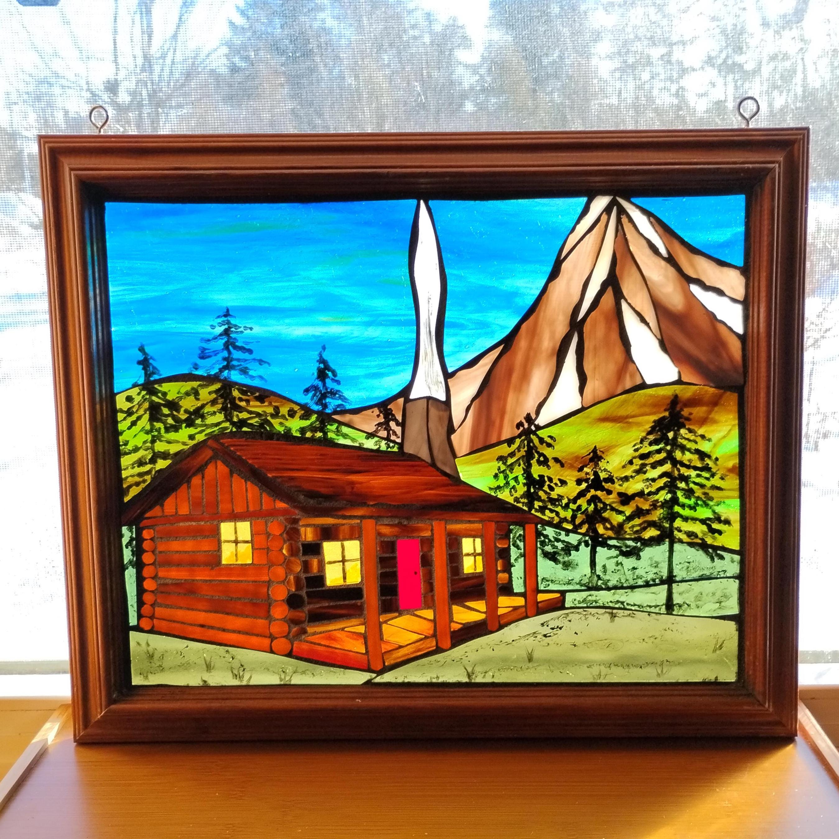 Log Cabin in Mountains Stained Glass Mosaic: Artwork for Hanging