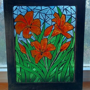 Orange Lily Stained Glass Mosaic Panel: Hand-Painted Floral Suncatcher