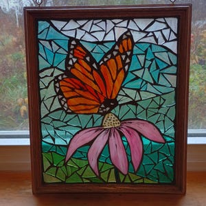 Monarch Stained Glass Mosaic Panel for Hanging in Window, Orange Butterfly with Pink Coneflower Daisy Flower, Purple Echinacea Garden Art