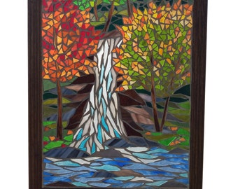 Waterfall in Autumn Forest  Stained Glass Mosaic Panel for Hanging in a Window, Artwork of Fall Nature Landscape Scene with Colorful Foliage