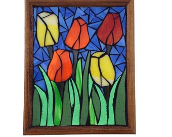 Vibrant Orange and Yellow Tulip Bulbs, Stained Glass Mosaic Panel of Spring Flowers, Floral Window Hanging