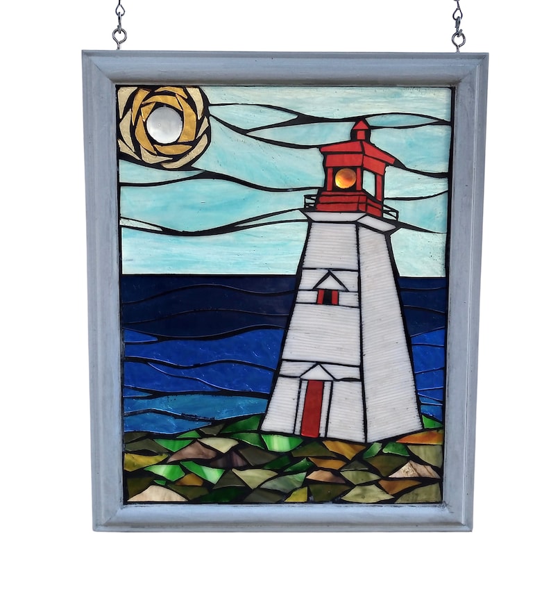 Stained Glass Panel Lighthouse Nova Scotia Landscape Mosaic Etsy