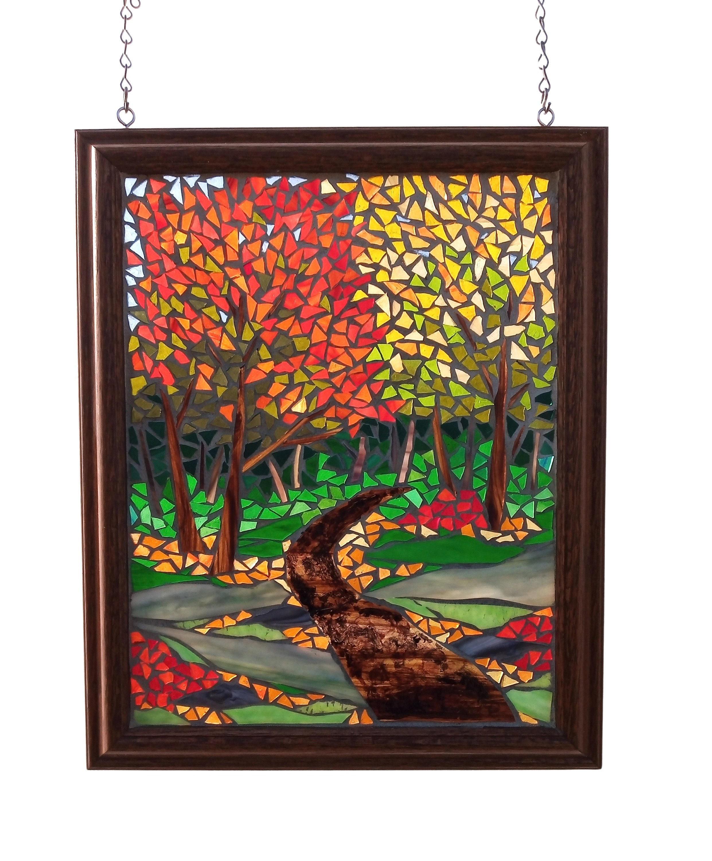Autumn Forest 秋の森 シーグラス／天然石／フレーム／アート Autumn Forest Path Stained Glass Mosaic: Artwork for Hanging in