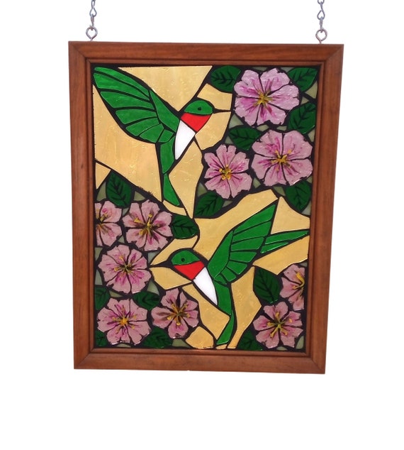 Ruby Throated Hummingbird Stained Glass Mosaic Panel for Hanging in Window, Pink Petunia Flowers with Bird Suncatcher