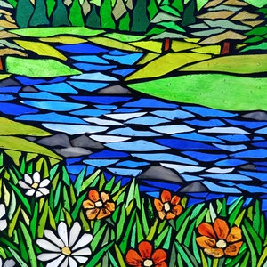 Mountain Meadow Stained Glass Mosaic Panel for Hanging in a Window, Landscape with Evergreens, daisies and orange wildflowers and a stream image 4