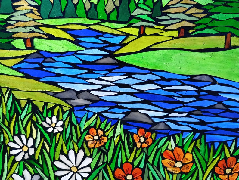 Mountain Meadow Stained Glass Mosaic Panel for Hanging in a Window, Landscape with Evergreens, daisies and orange wildflowers and a stream image 4