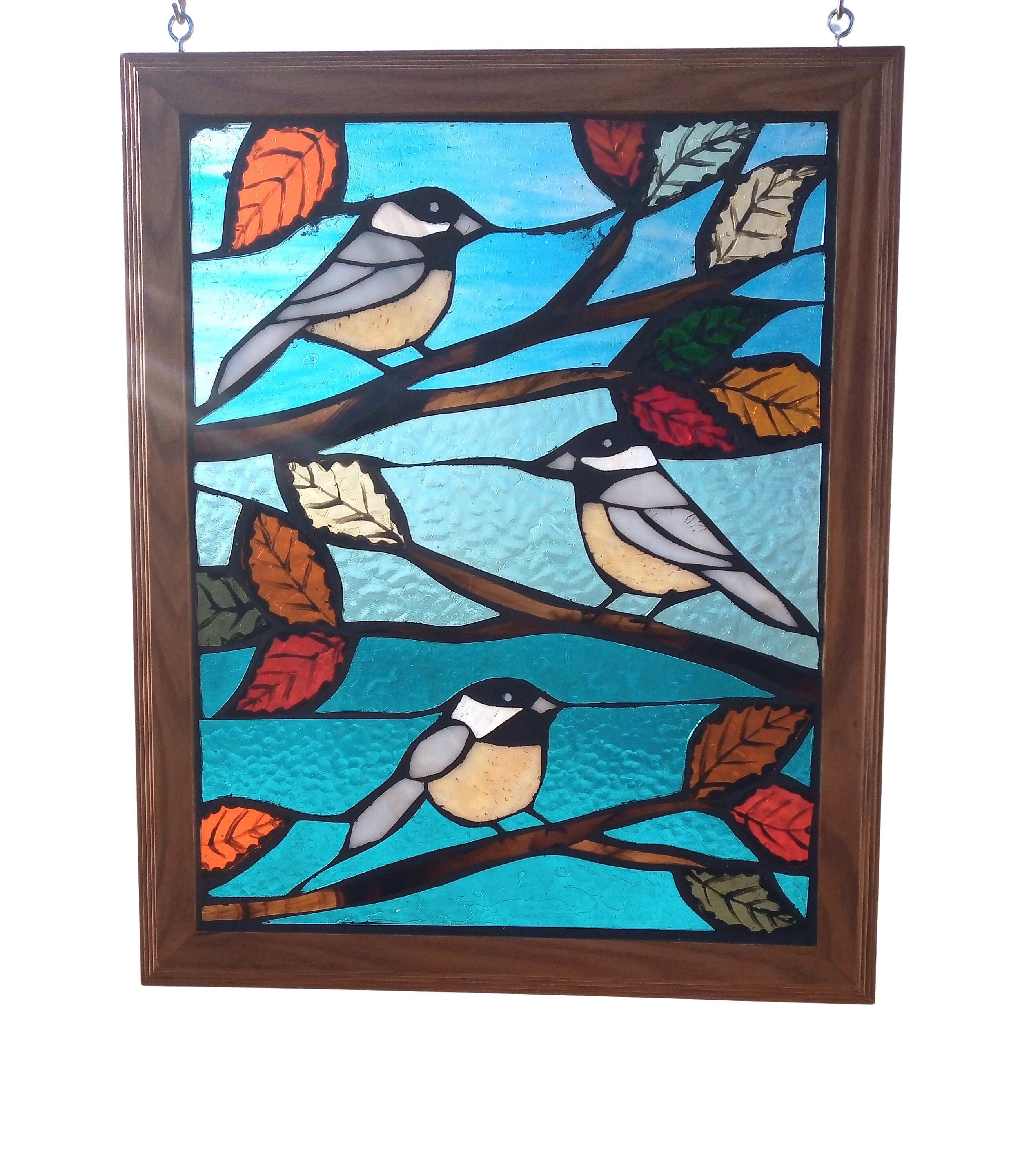 Chickadee Stained Glass Mosaic Panel for Hanging in Window picture