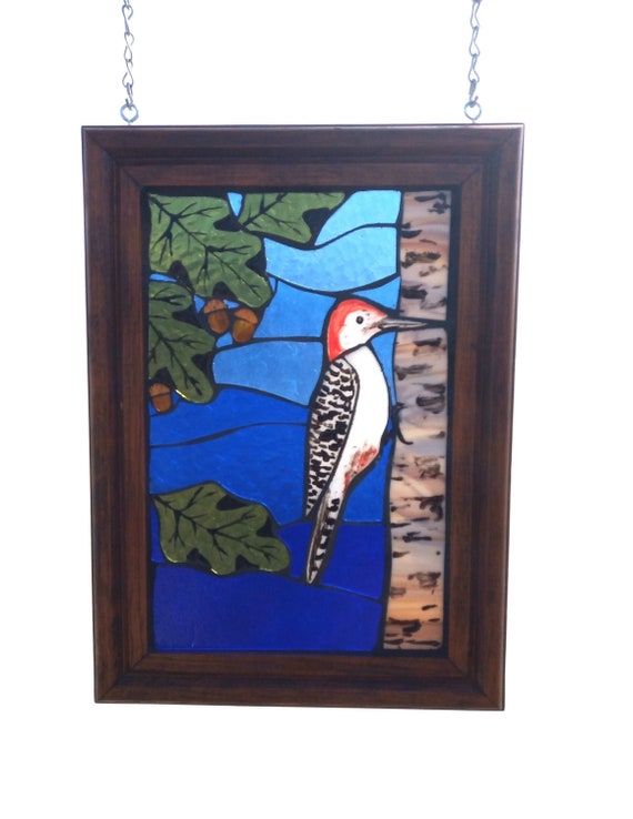 Stained Glass Woodpecker Mosaic Panel for Hanging in a Window, Red-Bellied Bird Nature Artwork with Oak Leaves, a Great Gift for Birdwatcher