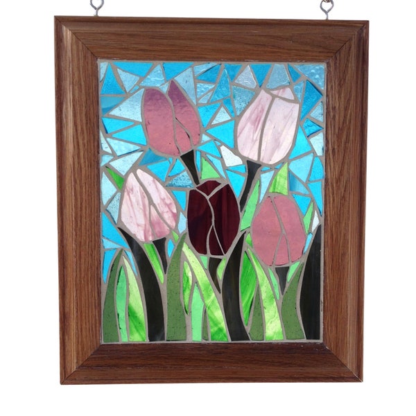 Pink Tulip Stained Glass Mosaic Panel for Window, Spring Bulb Flower Blossoms
