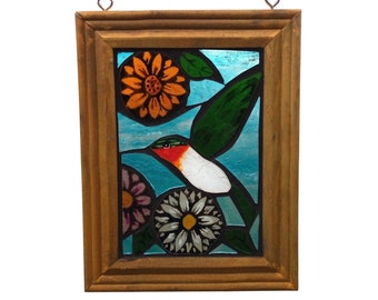 Hummingbird Suncatcher for Hanging in Window, Stained Glass Bird Mosaic of Ruby Throated Hummingbird with Daisy Flowers