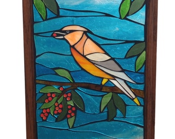 Cedar Waxwing Stained Glass Mosaic Panel,  Bird Eating Red Berries in a Tree Window Hanging, Great Gift for Backyard Birdwatcher