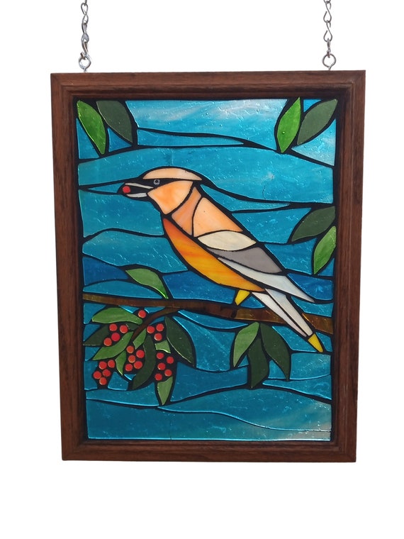 Cedar Waxwing Stained Glass Mosaic Panel,  Bird Eating Red Berries in a Tree Window Hanging, Great Gift for Backyard Birdwatcher